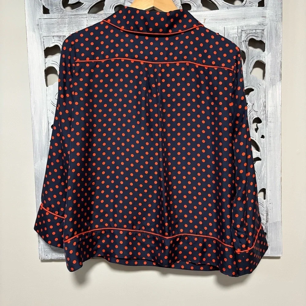 NEW J. Crew Collection Silk-Twill Navy/Orange Polka Dot Popover Blouse Size M - Picture 4 of 8